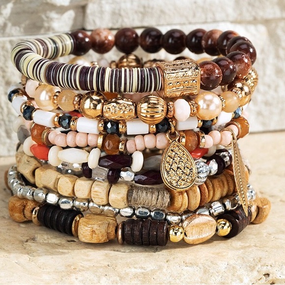 Stackable Stretch Bracelets Mixed Beads Acrylic Glass Wood Leaf Pendant - Picture 3 of 3